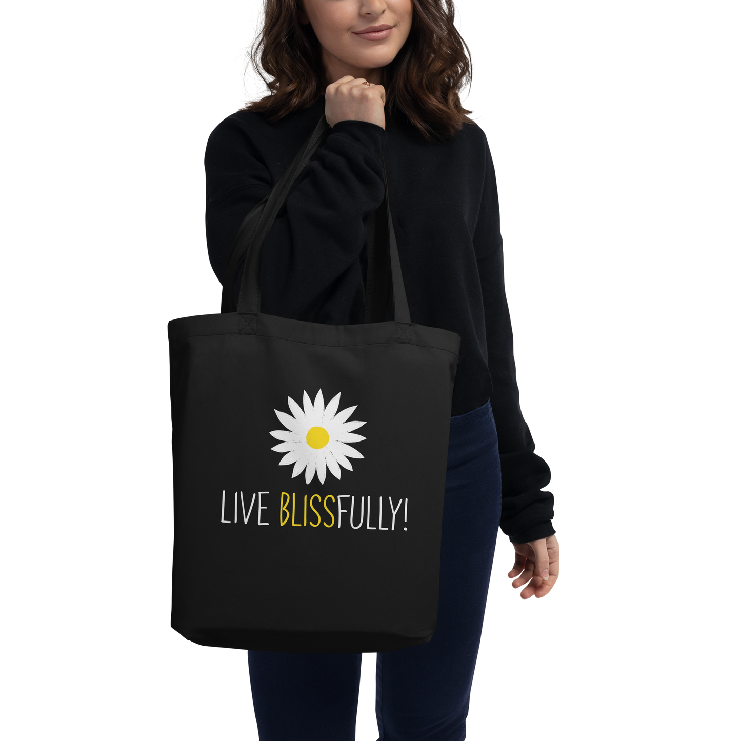 Live Blissfully! (white flower) Eco Tote Bag