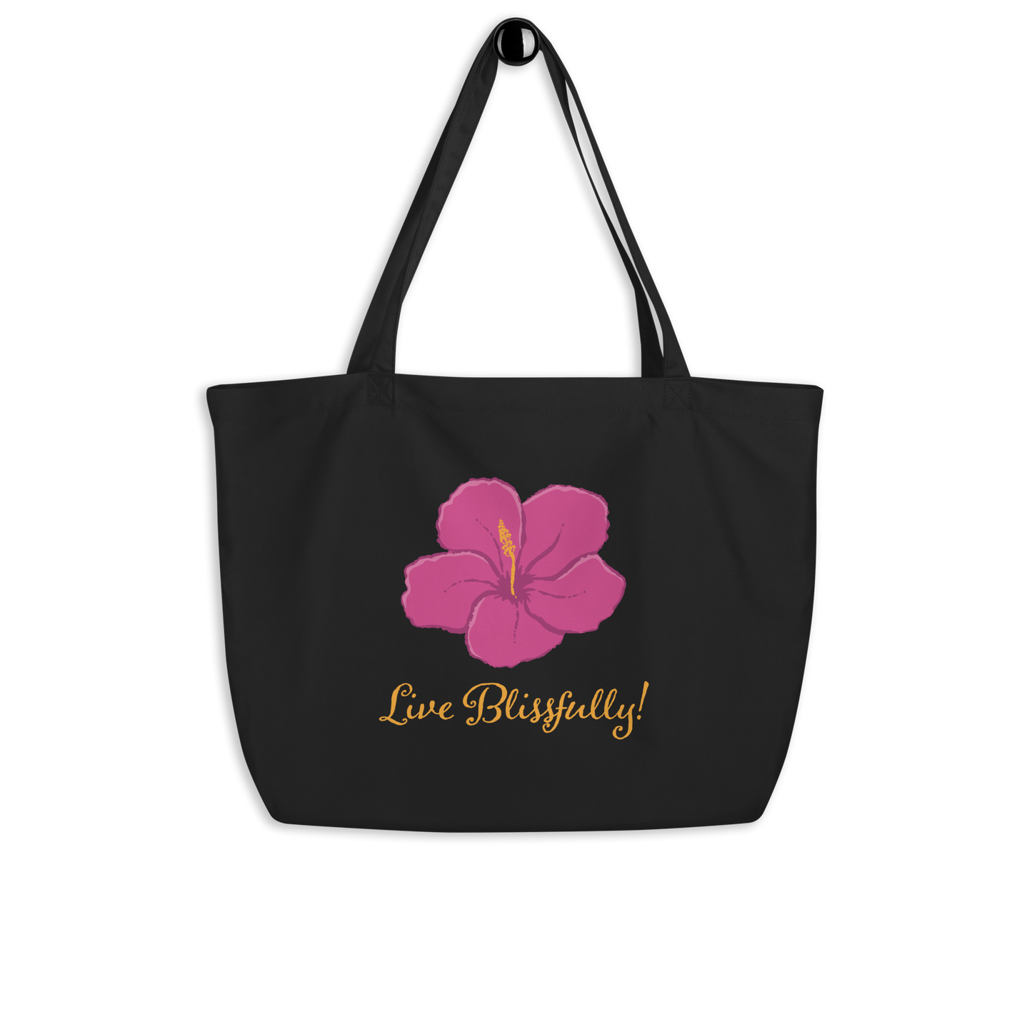 Live Blissfully? (yellow cursive) Large organic tote bag