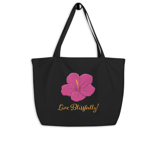 Live Blissfully? (yellow cursive) Large organic tote bag