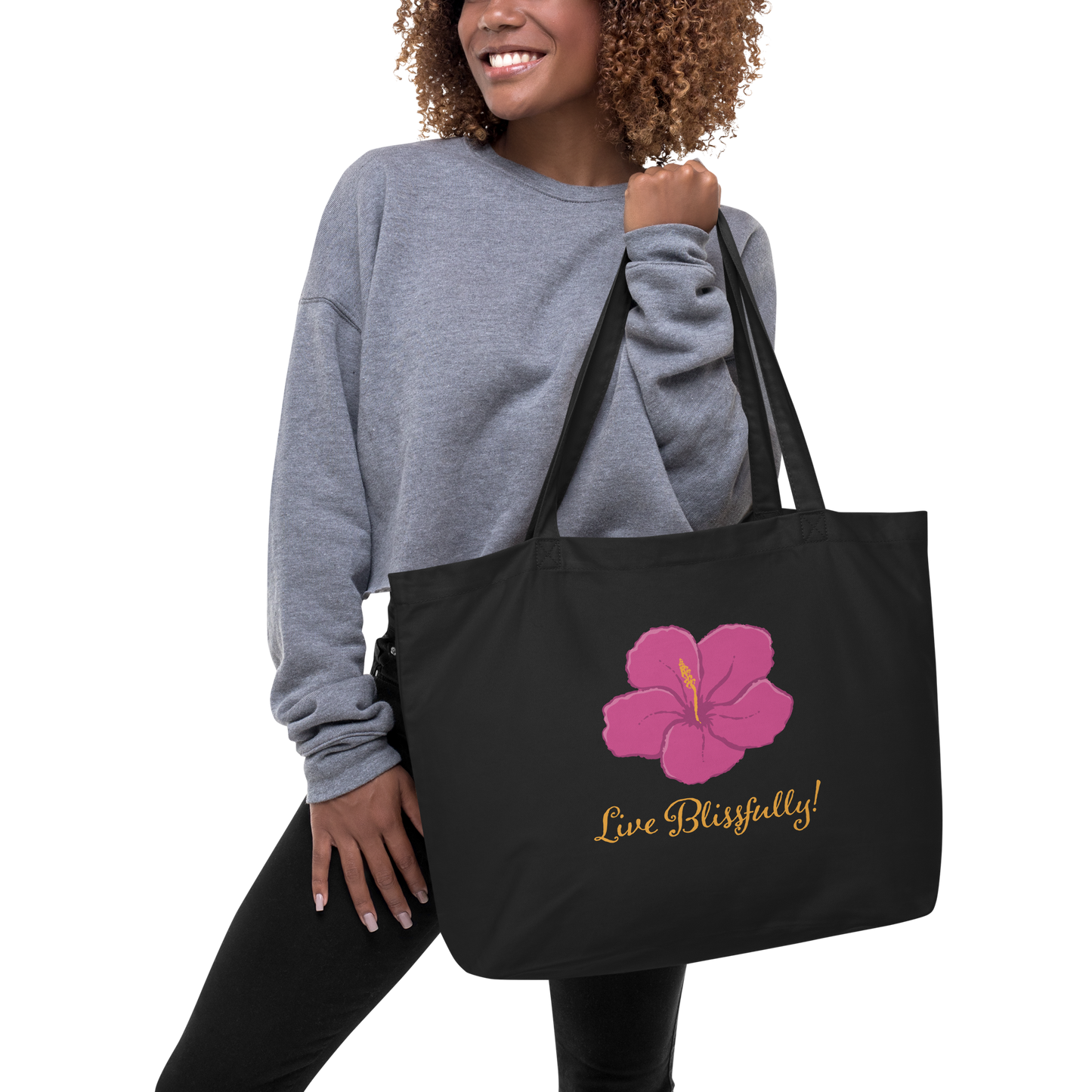 Live Blissfully? (yellow cursive) Large organic tote bag