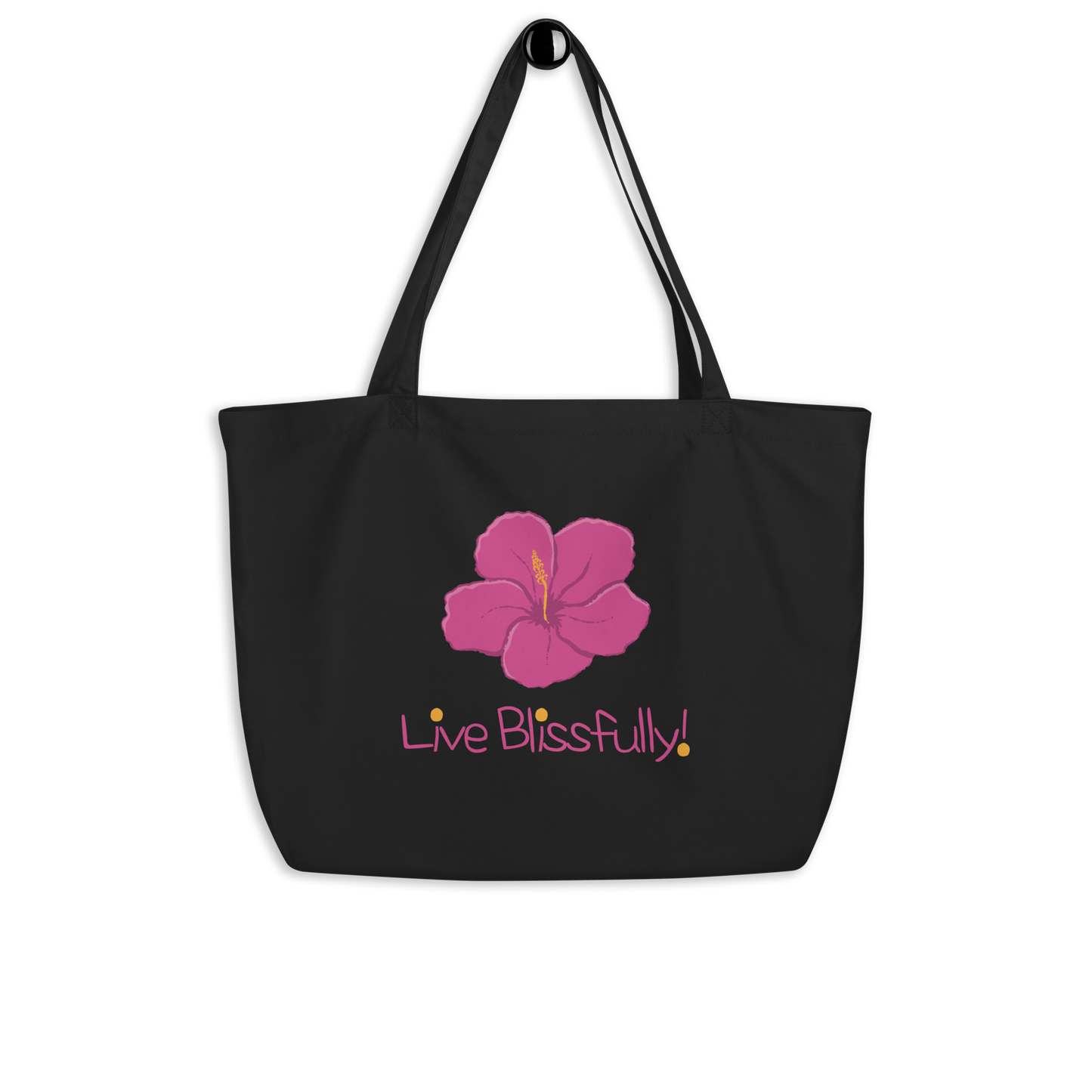 Live Blissfully! (pink flower) Large organic tote bag