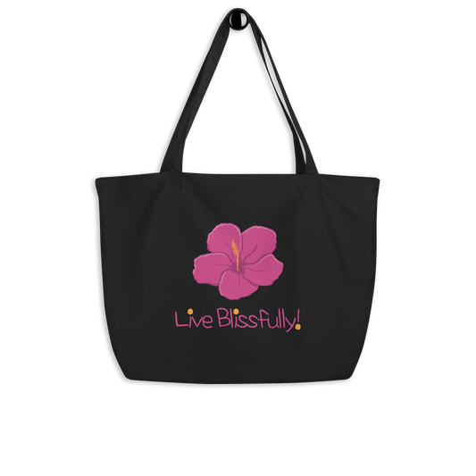 Live Blissfully! (pink flower) Large organic tote bag