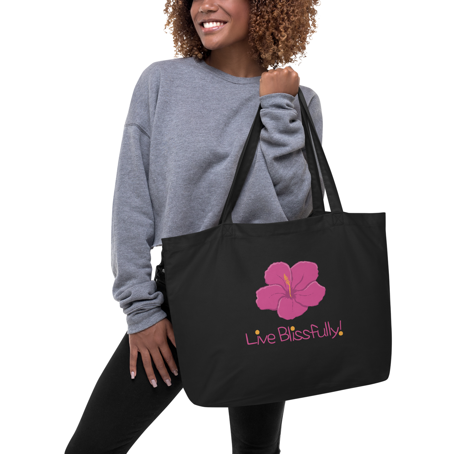 Live Blissfully! (pink flower) Large organic tote bag